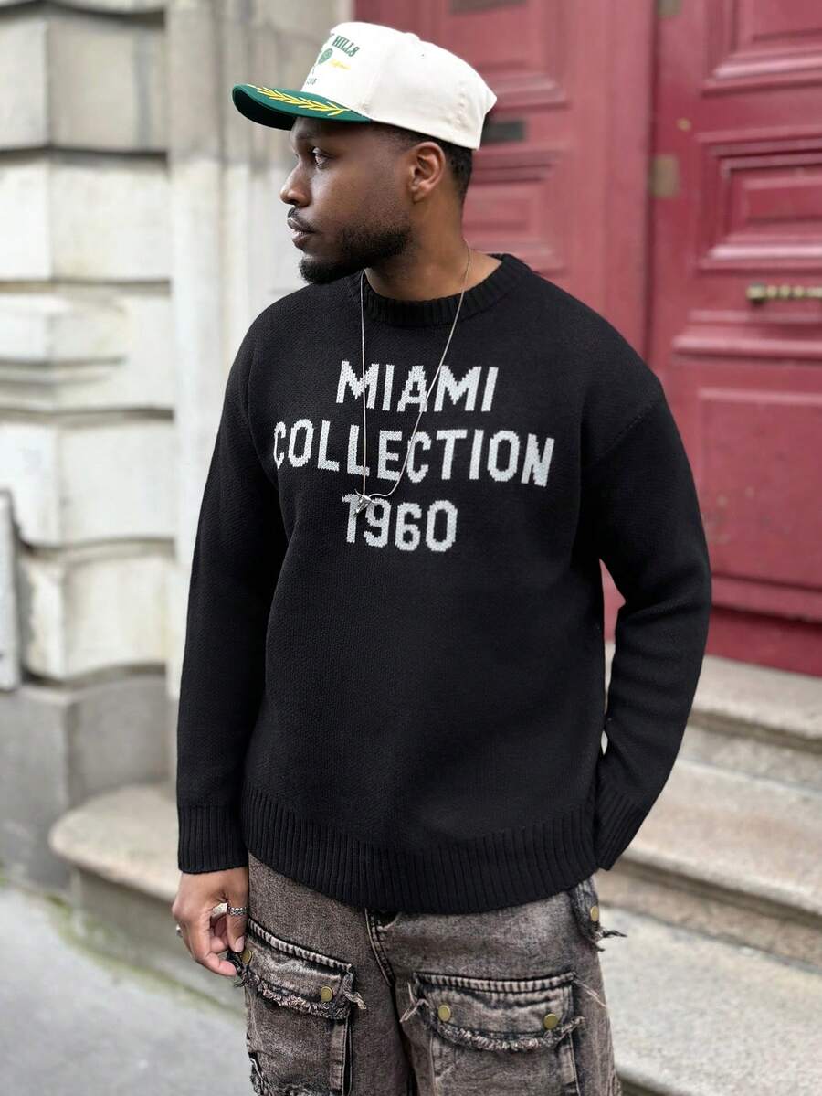 Heavens Edit ANDREILEE 男士休闲宽松套头毛衣，轻薄圆领长袖针织衫，印花图案，适合春、秋、冬三季穿着。 - 黑色 - 查看 1