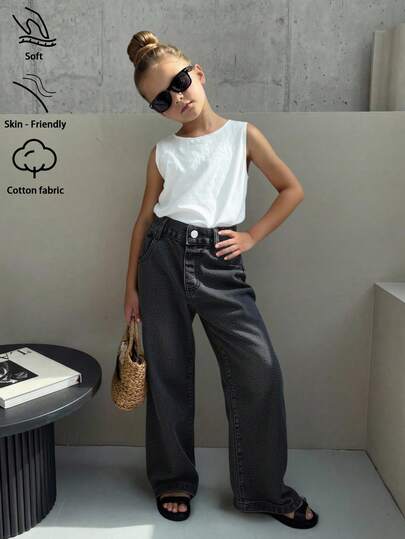 Young Girl Simple Fashion Denim Pants, Summer Thin New Arrival, Washed Black, Casual Street Style, Basic Minimalist 4/3 Elastic Waist, Four Pockets, Straight Loose Fit Denim Pants, Soft Comfortable Cotton Denim Fabric, Daily, Party, School, Commute, Spring/Summer 2026 New Collection