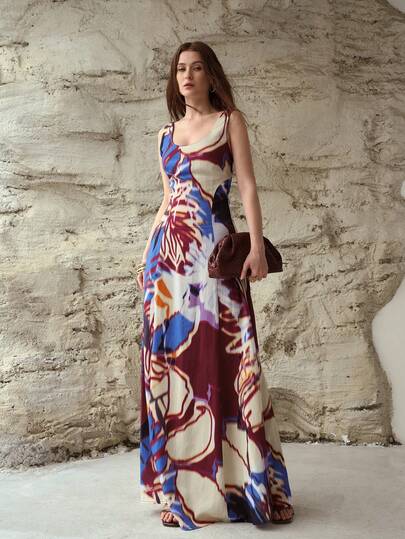 MOTF PREMIUM 女士亚麻混纺印花拼接长款连衣裙