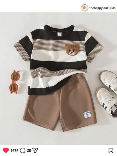 THE HAPPY LOOK 2pcs/Set Kids Boy Summer Brown Cartoon Bear Striped Short Sleeve Top And Elastic Waist Sports Shorts, Suitable For Casual, Outdoor, Travel, Sports, Party And Other Occasions
