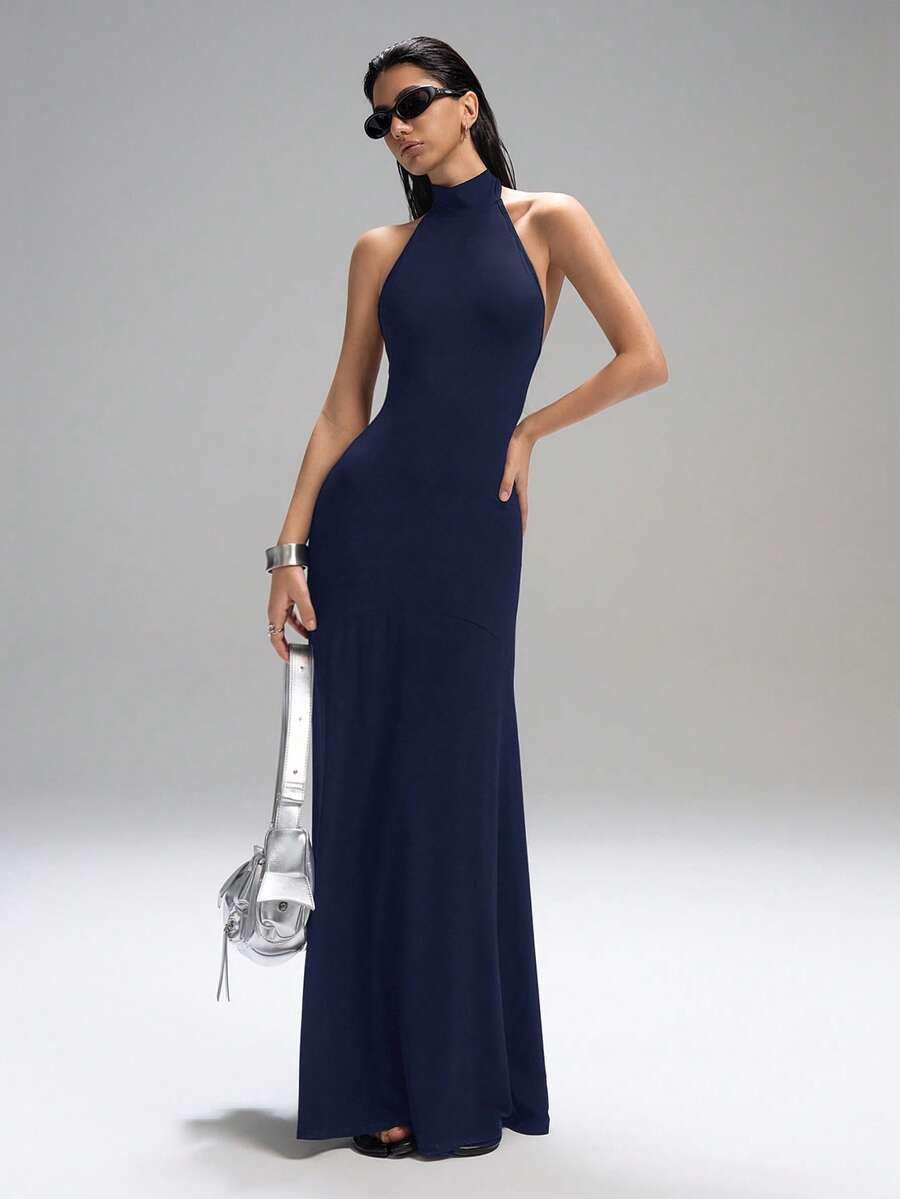 LYSMO 女士露背深V领连衣裙 - 春夏度假风 - 2026新款高领长裙，藏蓝色 - 寶藍色 - 查看 1