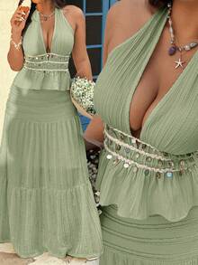 Sunnyshic Plus Size Women Sexy Backless Bohemian Style Shell Decor Camisole, Apricot - Green - View 1