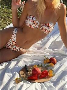 Swim Mod Women's Red & White Ditsy Floral Spaghetti Strap Metal Ring Sexy Beach Vacation Swimwear Set - Red and White - View 3