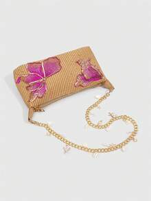 SHECARRY 1Pc Tropical Island Style Sequin Flower PU Shoulder Bag, Star & Shell Decor Beach Handbag For Summer Holiday Travel(The Small Pendants Are In A Separate Bag For DIY Use.) - Brown - View 4