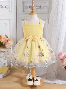 女婴夏季新款紫色罗纹花卉刺绣荷叶边下摆简约时尚可爱甜美吊带裙 - 黃色 - 查看 7