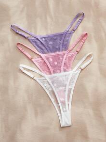Charlaine 3pcs/Pack Women's Low-Rise Lace Thong Panties, Random Heart Pattern - Multicolor - View 2