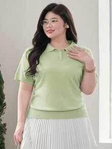 Dazy Plus Solid Color Polo Collar Fitted Short Sleeve Knit Top, Spring/Summer/Autumn - Mint Green - View 3