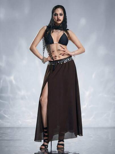 ROMWE Vacation Outfit Ocean Shell Pendant Side Slit Skirt For Women