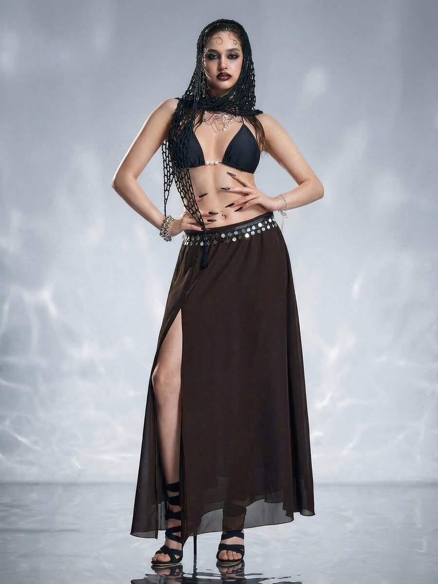 ROMWE 女士度假装海洋贝壳吊坠侧开衩半身裙 - 棕色 - 查看 1