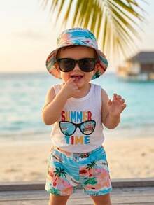 SHEIN Playful Pals 3件組 嬰幼兒男童夏季套裝 白色字母印花背心 棕櫚樹短褲 帽子 度假海灘休閒 藍白條紋服飾 - 彩色 - 查看 8