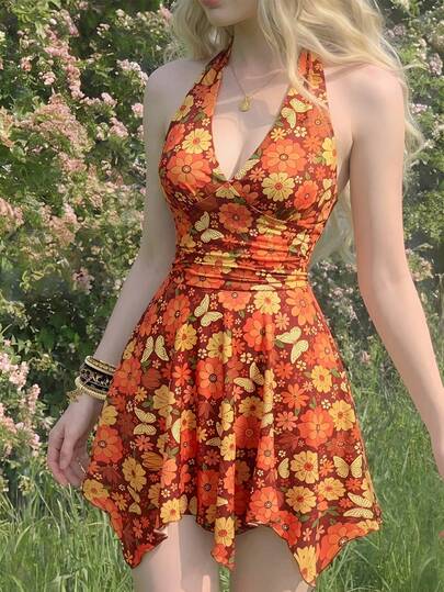 SHEIN MOD Women's Floral Print Ruched Waist Halter Asymmetrical Hem Vacation Dress,Spring /Summer Outfit, Vintage Style, Classic Style, Comfortable, Floral Dress, Beach Vacation Outfits, Picnic Dress, Tea Party Dress, Festival, Tea Length Dress,Summer Dress,Spring Dresses ,Music Festival