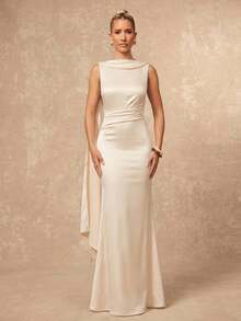 Lumalex 女士优雅杏色褶皱领无袖修身喇叭连衣裙，春夏款 - 杏色 - 查看 7