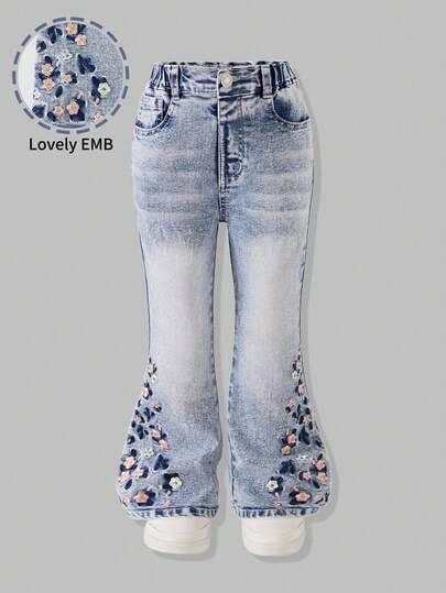 Genkimix Kids Young Girls' Vintage Flare Jeans, Light Blue Denim, 1pc, Delicate Floral Embroidery Decor, Elastic Waist Design, Comfortable Stretchy Flare Jeans, Suitable For All Seasons, Daily Wear, School, Commute, Party, Vacation