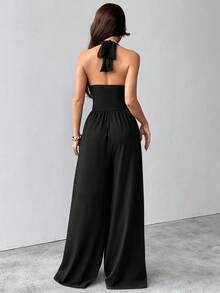 SHEIN MOOSTA 女士休闲蕾丝拼接连体裤，春夏款 - 黑色 - 查看 2