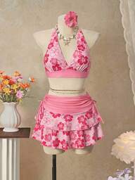 Bellisia Conjunto de 3 piezas con top de bikini triangular con cuello de halter naranja y falda a juego, para playa/resort