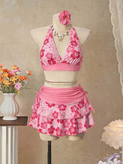 Bellisia 26SS Orange Halter Neck Triangle Bikini Top dengan Rok Senada, Set 3 Potong, Pakaian Pantai/Resort
