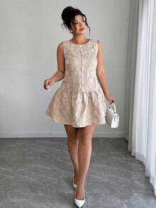 Elenzga Vestido de mujer talla grande de cuello redondo elegante con ribete de volantes y tela jacquard, adecuado para uso diario, oficina y casual, primavera/verano - Rosa - Ver 5