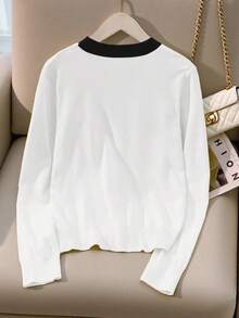 SHEIN Franclia 新款春秋季修身简约韩版撞色V领开衫，活力抗衰老百搭女士轻薄毛衣 - 白色 - 查看 2