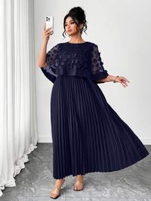 SHEIN PETITE CURVE Plus Size Women Floral Decor Patchwork Pleated Hem Dress - Navy Blue - View 4