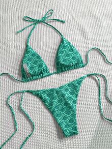 Swim Mod Women's Summer Beach Floral Print Halter Tie Sexy Bikini Swimsuit Set, Random Print - Green - View 2