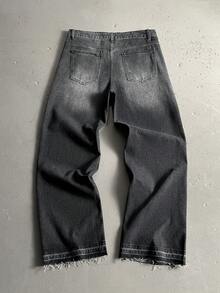 Manfinity EMRG Quần ống rộng dáng suông nam phong cách đường phố Mỹ, chất liệu vải denim bạc màu, đính đá lấp lánh. - màu đen - Xem 2