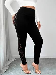 Elenzga Plus Size Solid Color Lace Patchwork High Waist Leggings - Black - View 7