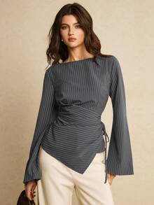 Poéselle Áo sơ mi dài tay nữ kẻ sọc xếp ly vạt bất đối xứng, kiểu dáng thường ngày, đa năng. - Xám - Xem 5