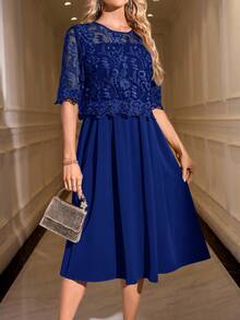 SHEIN Clasi Robe élégante à col rond et manches courtes en dentelle pour femmes - bleu indigo - Voir 3