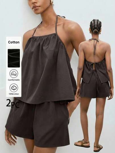 Maija Outfit Deas For Women's 2 Pieces Set, Loose Vacation Halter Backless Tie Detail Pockets Shorts, Comfortable Spring/Summer Relaxing On The Beach Going Out Vacation Outfits Healing Commuting Style Comfy Soft Power Halter Top And Shorts 2 Piece Shorts Set Women Co Ord Set Summer Cotton Two Piece Set Women 2 Piece Short Sets Woman Brown Two Piece Set Women Summer Co Ord