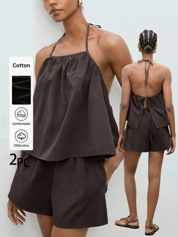 Maija Outfit Deas For Women's 2 Pieces Set, Loose Vacation Halter Backless Tie Detail Pockets Shorts, Comfortable Spring/Summer Relaxing On The Beach Going Out Vacation Outfits Healing Commuting Style Comfy Soft Power Halter Top And Shorts 2 Piece Shorts Set Women Co Ord Set Summer Cotton Two Piece Set Women 2 Piece Short Sets Woman Brown Two Piece Set Women Summer Co Ord