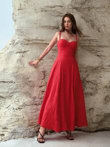 MOTF PREMIUM 女士亚麻束腰长款吊带裙 - 紅色 - 查看 6