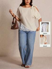 Elaquor 大码女式纯色扭结设计不对称肩部时尚百搭日常短袖T恤 春夏款 - 杏色 - 查看 1