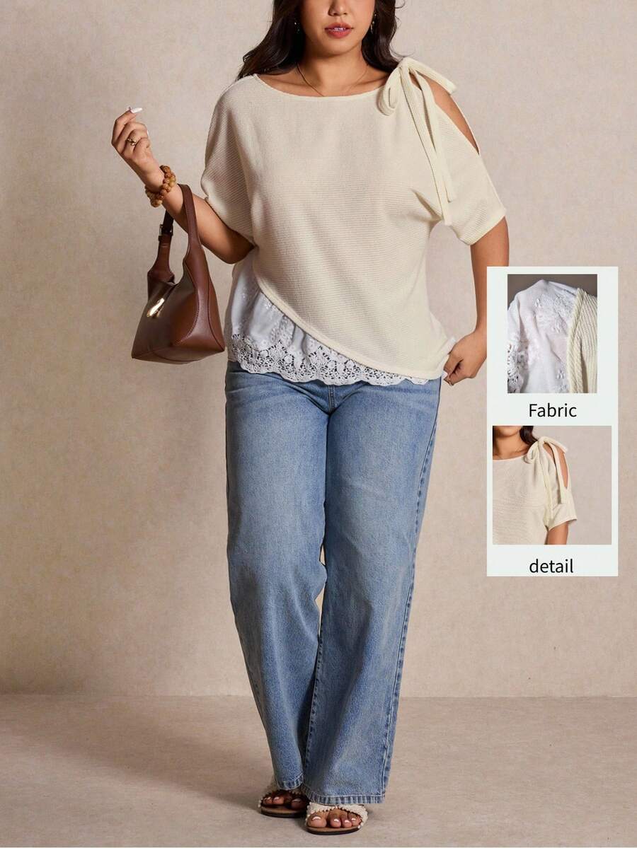 Elaquor Áo thun ngắn tay nữ cỡ lớn màu trơn, thiết kế xoắn, vai bất đối xứng, thời trang, đa năng, thích hợp mặc hàng ngày, mùa xuân/hè. - Màu be - Xem 1