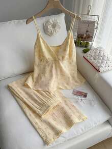 Comfortcana Yellow Contrast Ditsy Floral V-Neck Ruffle Trim Camisole And Shorts Casual Plus Size 2 Piece Set, Spring/Summer - Yellow - View 7