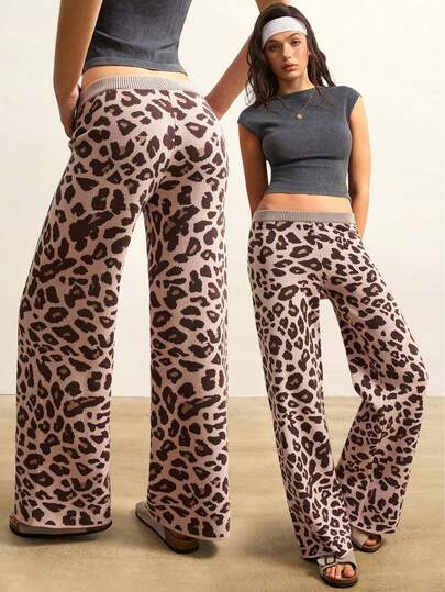 VARSIVA Pantalones deportivos anchos y sueltos con estampado de leopardo, estilo casual y elegante para mujer, otoño/invierno