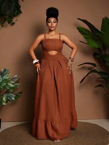 Maweii Plus Size Sexy Spaghetti Strap Hollow Out Pleated Backless Summer Dress - Brown - View 4