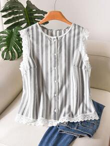 CosyJoli Plus Size Women's Striped Vest, Casual Women's Floral Trim Blouse Casual Tops For Women Blouse For Women Elegant Tops For Women New Arrival Blouse - Grey - View 4