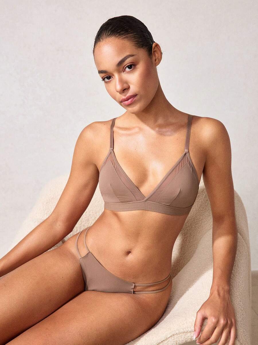 女士內衣套裝（無縫文胸和丁字褲） - 咖啡棕 - 查看 1