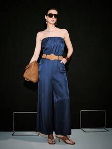 Lumivelle Women's Summer Elegant Navy Blue Jumpsuit,Denim Effect Bandeau Top Cinched Waist With Woven Belt,Loose Bottom Casual Retro Holiday Vacay Outfit Sets - Navy Blue - View 5