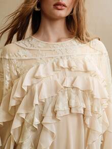 Women's Chiffon & Lace Patchwork Dress, Round Neck Raglan Sleeve Loose Sheer Ruffle Hem Design, Casual Daily Dress - Apricot - View 2