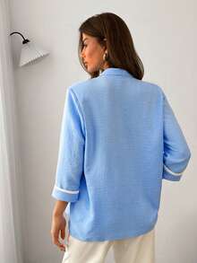 Women, Spring, Summer, Boho, Button, Blazer Fake Linen - Blue - View 6