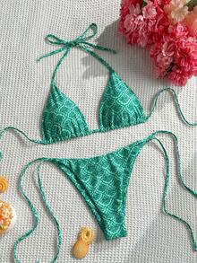 Swim Mod Women's Summer Beach Floral Print Halter Tie Sexy Bikini Swimsuit Set, Random Print - Green - View 1
