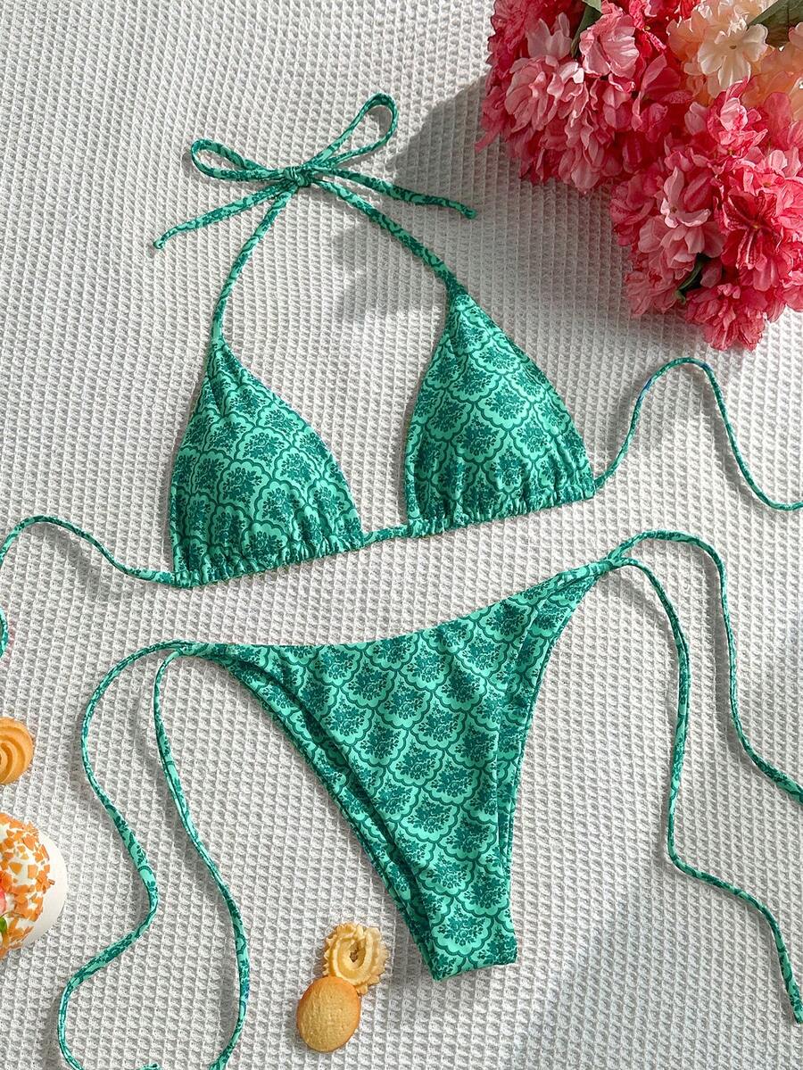 Swim Mod Women's Summer Beach Floral Print Halter Tie Sexy Bikini Swimsuit Set, Random Print - Green - View 1