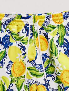 Open Phase Men's Lemon Fruit Pattern Beach Shorts, Made Of Mesh Fabric And Suitable For Swimming, Vacation, Workout, Gift, Hawaiian , Retro American, Unisex, Relaxed Fit Summer Outfits – Suitable For Everyday Wear And Summer Holiday Outfits. - Yellow - View 4