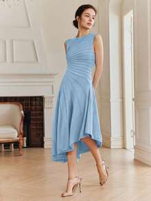 Anewsta Elegant Solid Color Heavyweight Knit Sleeveless Asymmetrical Pleated Sweater Dress, Suitable For Early Spring, Autumn, Formal, Party, Fashionable Occasions - Blue - View 4