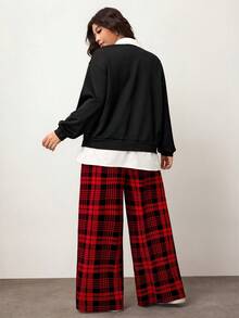 Enliva Plus Size Women's Colorblock Shirt Collar Sweatshirt And Red Plaid Pants Set, Christmas Pattern And Elastic Waist Details Set, Compatible With Apple Rounded Body Shape/2026 /New Year - Multicolor - View 2