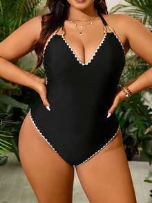 Swim Vcay 2026新款加大码女士黑色深V领白色锯齿边连体泳衣，沙滩度假装，派对礼服，优雅女士沙滩泳装，女士度假服饰 - 黑色 - 查看 3