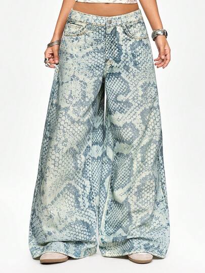 ROMWE Grunge Punk Y2K Vintage Snake Skin Print Low Waist Loose Casual Women Jeans