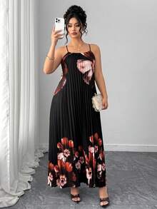 Elenzga Plus Size Woven Floral Digital Criss-Cross Strap Bow Tie Pleated Backless Elegant, Sexy, Vacation, Casual, Daily, Date Camisole Dress Summer Spring Wedding Guest Dress For Women Elegant Dresses For Party - Black - View 6