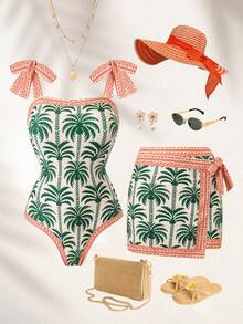 Swim Oasis Fashionable High-End Coconut Tree Print Women's Summer Swimsuit Cover-Up & One-Piece Swimsuit Set - Multicolor - View 1